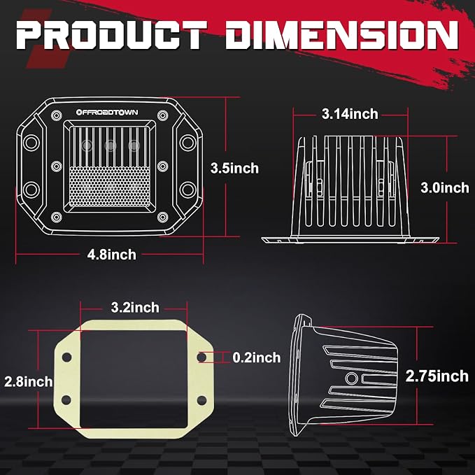 Flush Mount LED Pods, OFFROADTOWN 5'' 12,000LM CREE LED Driving Lights Reverse Backup Light Flush Light Bar Off Road Lights Work Light for Truck Pickup UTV ATV SUV Boat 4x4 Car - Driving Combo