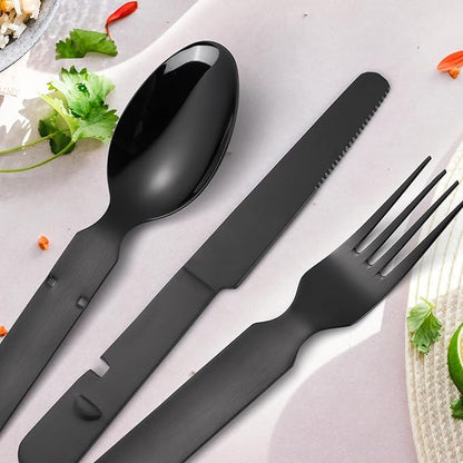 Portable Silverware Black Flatware Camping Cutlery Stainless Steel Spoon Fork Knife and Bottle Opener 4 Pieces Utensil Outdoor Travel Foldable Easy to Clean