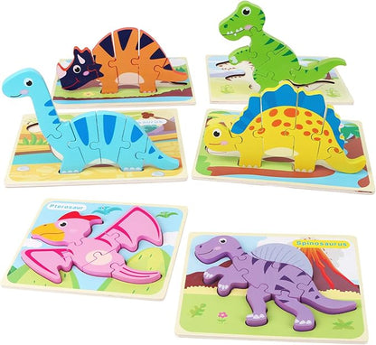 SYNARRY 6 Pack Dinosaur Wooden Puzzles for Kids 3-5, Wooden Puzzles for Toddlers, Dinosaur Puzzles for Toddlers 3 4 5 Year Old, Educational Preschool Puzzles Toys Gifts for Boys Girls
