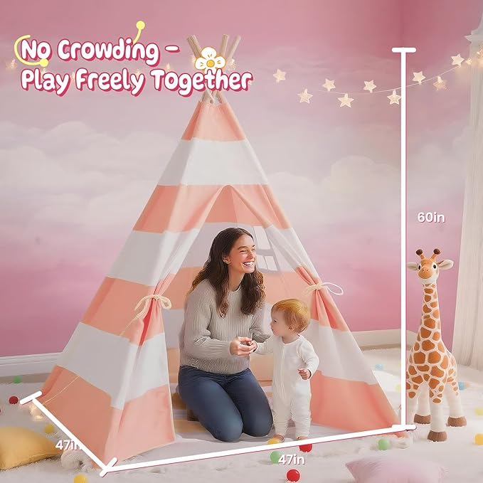 Teepee Tent for Kids with Padded Mat, Lights, and Carry Bag, Washable Playhouse for Indoor Use, Ideal Play Tent for Girls and Boys, Stripe Pink