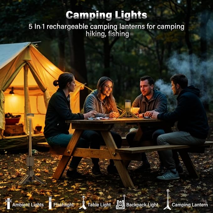 Telescopic Camping Light - 10500mAh Rechargeable Camping Lantern with Storage Bag, Dimmable Magnetic Tent Lamp, Waterproof Camp Light Outdoor Work Emergency Lights for Home Power Outage, Hiking -Gray