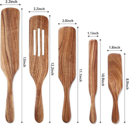 5Pcs Wooden Spurtle Set, Natural Acacia Wood Kitchen Utensils Set