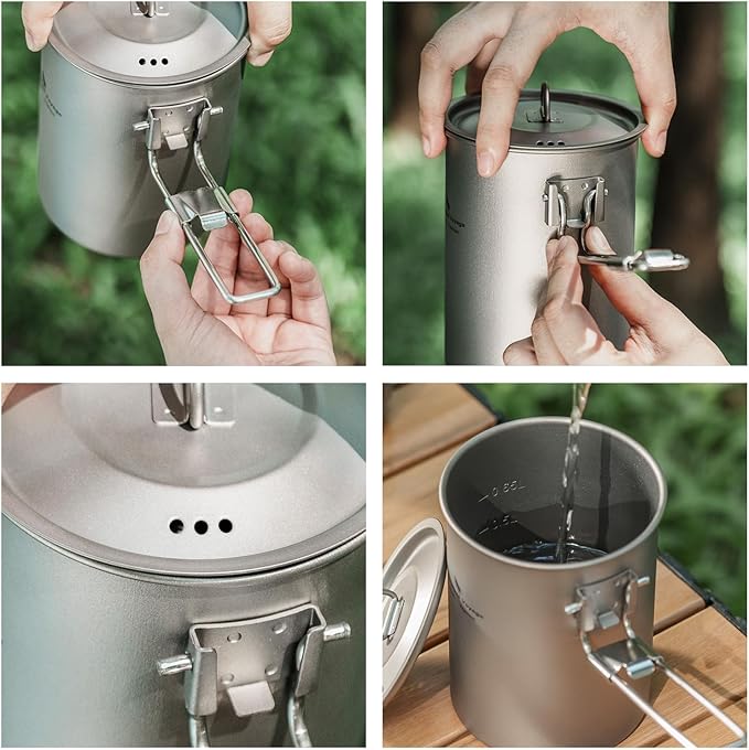 iBasingo 900ml Titanium Camping Cup with Lid Lightweight Portable Camping Pot for Backpacking Hiking Travel Cookware with Stainless Steel Foldable Handle, Ideal for Coffee, Soup, Cooking Ti2040C