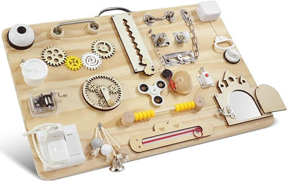Wooden Montessori Busy Board for Toddlers, Montessori Sensory Activity Board Toys for Baby Kids, for Fine Motor Skills, Autism & ADHD