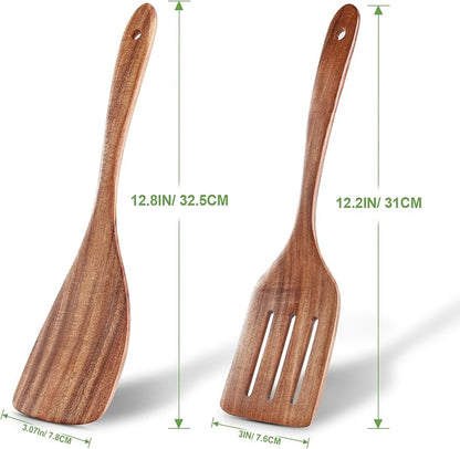 2 Pack Wooden Spatula, Acacia Wood Long Handle Flat Frying Turner, Handmade wooden spoons for cooking, Kitchen Utensil set, Non-Stick Cooking Spurtle Utensils for kitchen use