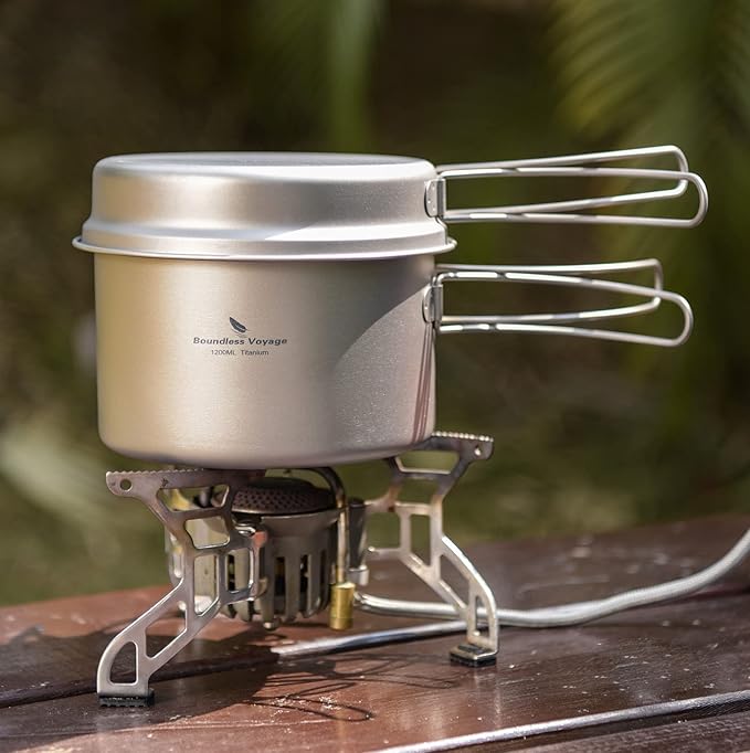 Boundless Voyage Outdoor Titanium Pot with Pan Set with Collapsible Folding Handle for Outdoor Camping Cooking Hiking Backpacking Portable Cookware