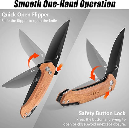 FLISSA Pocket Folding Knife, 3.2??D2 Blade Wood Handle EDC Knife with Button Lock and Pocket Clip for Hiking, Camping, Outdoor Activities