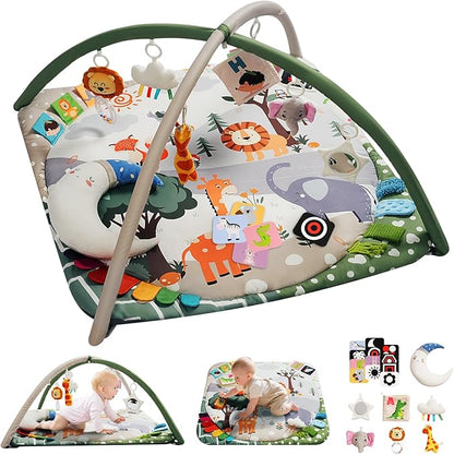 Baby Play Gym with 4 Developmental Zones – Tummy Time Mat & Activity Mat with 6 Sensory Toys, Visual Cards & Pillow – Baby Essentials & Ideal Gift for Newborns
