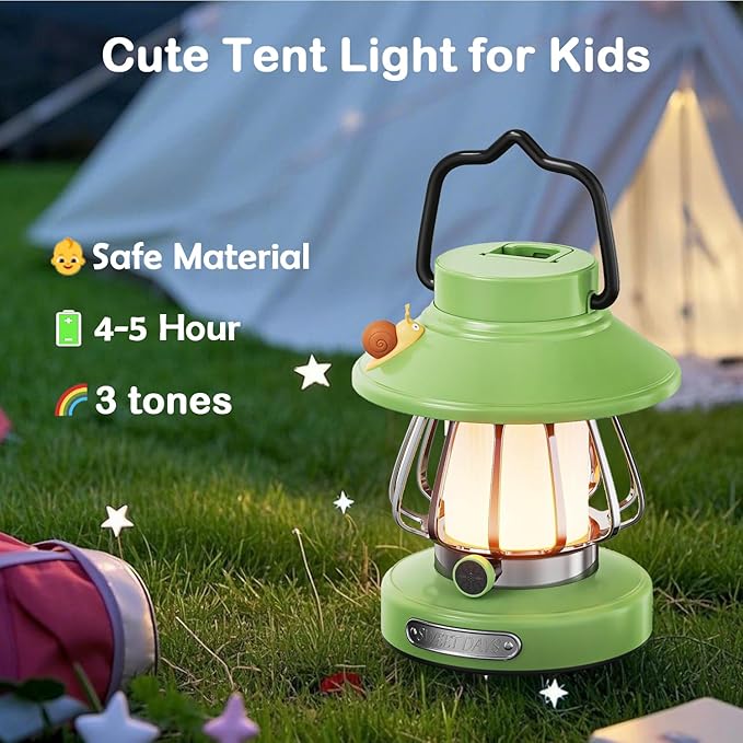 Camping Lantern for Kid Toddler Flashlight with Soft Light & Eye Protection Indoor Outdoor Hanging Tent Portable Night Light Battery Operated Sky Lanterns Rechargeable Lamp Gear Essentials Gift Green