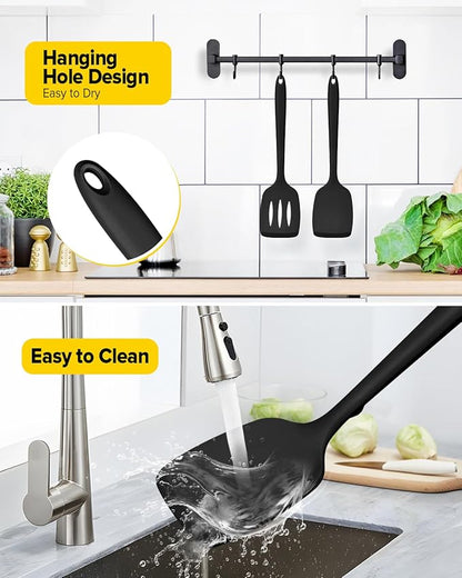 Pack of 2 Silicone Spatula Turners, Non Stick Slotted Kitchen Spatula Set, Heat Resistant BPA Free Kitchen Utensils, One-Piece Design, Suitable for Flipping Fish, Eggs, Steak, Pancakes(BLACK)