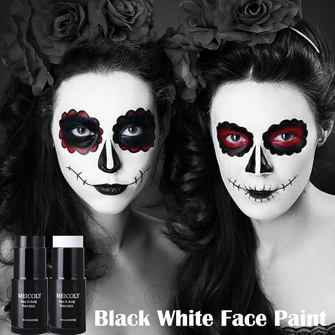 MEICOLY Black White Face Body Paint Stick Set with Sponges and Setting Powder,Face Paint Stick for Adults and Kids,Clown White Makeup,Face Painting for Halloween SFX Skull Zombie Skeleton Goth Makeup