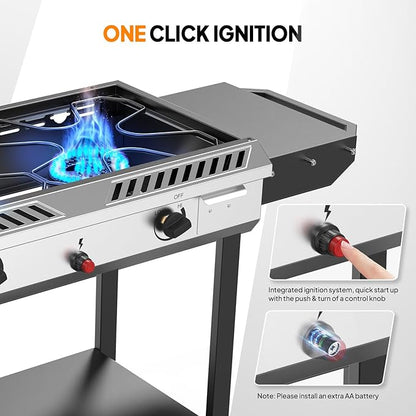 Bonnlo 2 Burner Propane Gas Burner with Auto Ignition, 150000 BTU Camping Stove with Storage Shelf and Rolling Wheels, Portable Outdoor Cooker for Patio Backyard Cooking Frying Boiling and Stewing