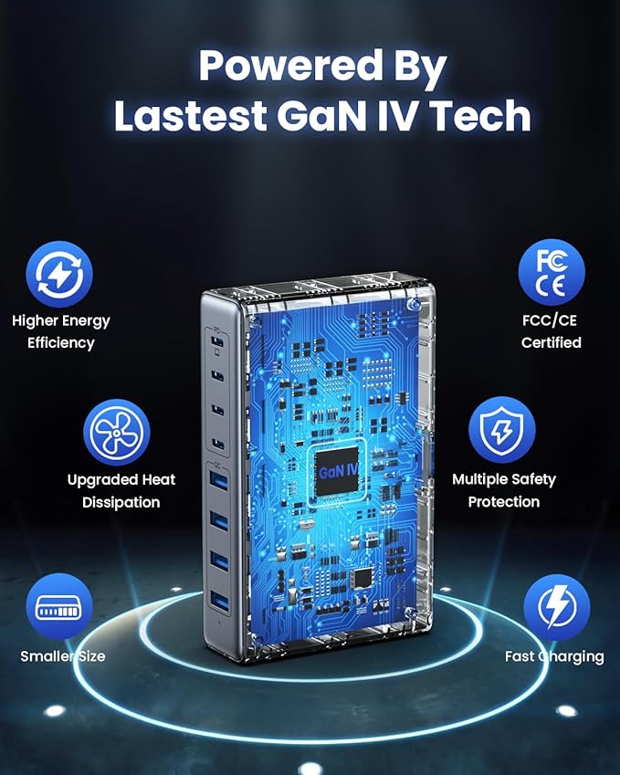 200W USB C Charger Block, GaN IV Charging Station 8 Ports, QC4.0 Fast Charging
