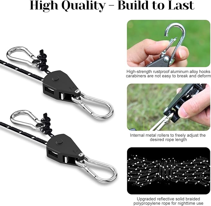 CONBOLA Suction Cups Hooks with 1/8" Adjustable Grow Light Hangers 13 ft with Reinforced Metal,Heavy Duty Ratcheting Pulley System for Camping Gardening and Various Tie-Down Uses.(4-Pack Set)