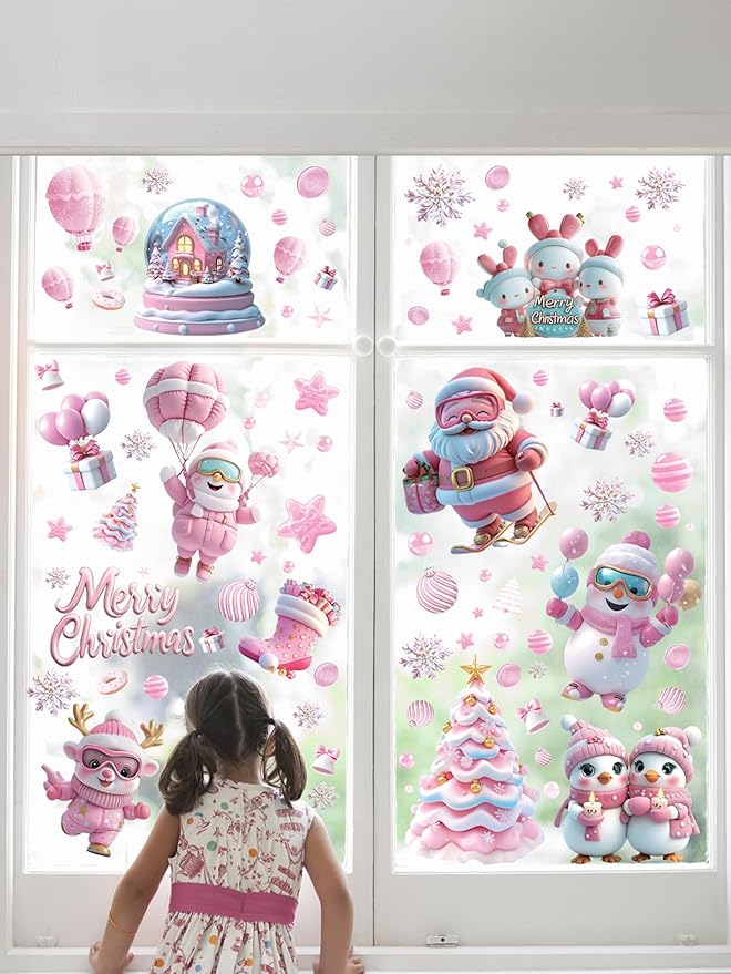 9 Sheet Christmas Pink Window Decorations - Merry Christmas Window Clings for Glass Windows, Santa Claus Snowflake Christma Windows Stickers Decals for Indoor Home Xmas Holiday Winter Party Decor