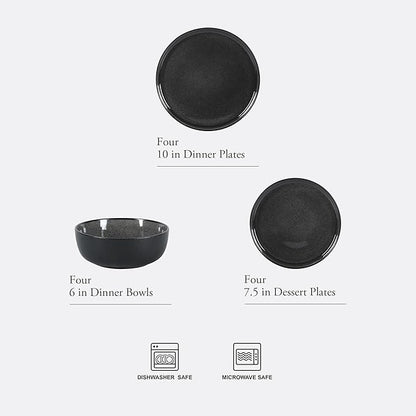 Gibson Elite Tahoe Sunset 12 Piece Stoneware Reactive Glaze (Service for 4) Ceramic Plates and Bowls Dinnerware Set - Black