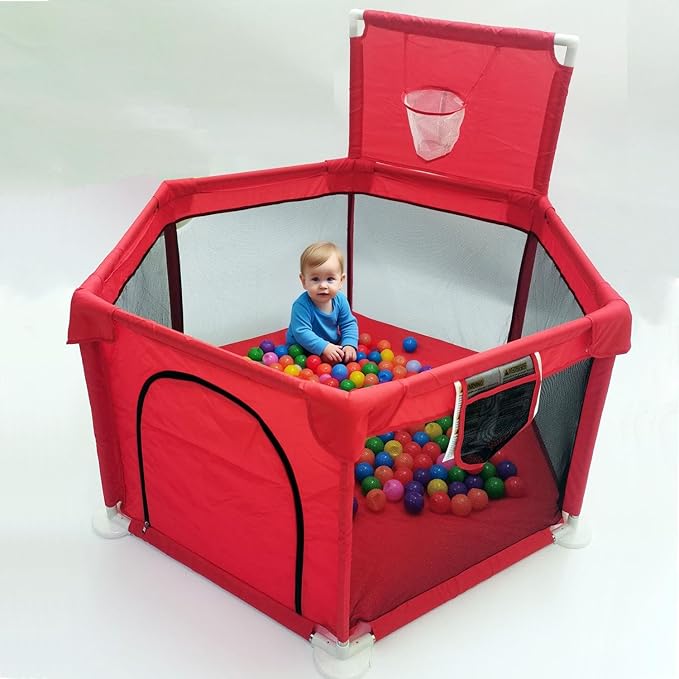 Portable Baby Ball Pit Playpen Playard Fence Playtent with Basketball Hoop Breathable Mesh for Indoors Outdoors Toddler Kids Large