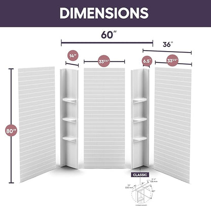 White Acrylic Shower Wall Surround 36"x 60"x 80"
