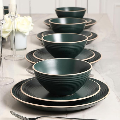 Stone Lain Lauren Modern Stoneware 16-piece Round Dinnerware Set, Plates and Bowls Set, Dish set for 4, Dark Green
