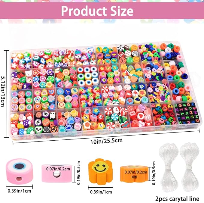 1060pcs Polymer Clay Beads Charms Kits 28 Styles Cute Fun Clay Beads Charms Flower Butterfly Heart Letter Pony Beads Charms for Women Girls Bracelet Necklace Earring Making
