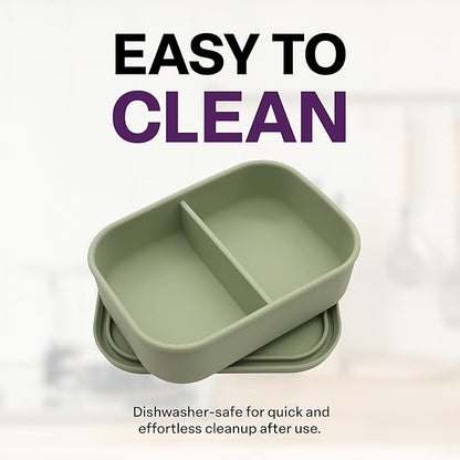 Silicone Bento Box, 2 Compartments, BPA-Free, Leak-Resistant, Dishwasher and Microwave Safe, Perfect for Work, Travel & Meal Prep, (Green)