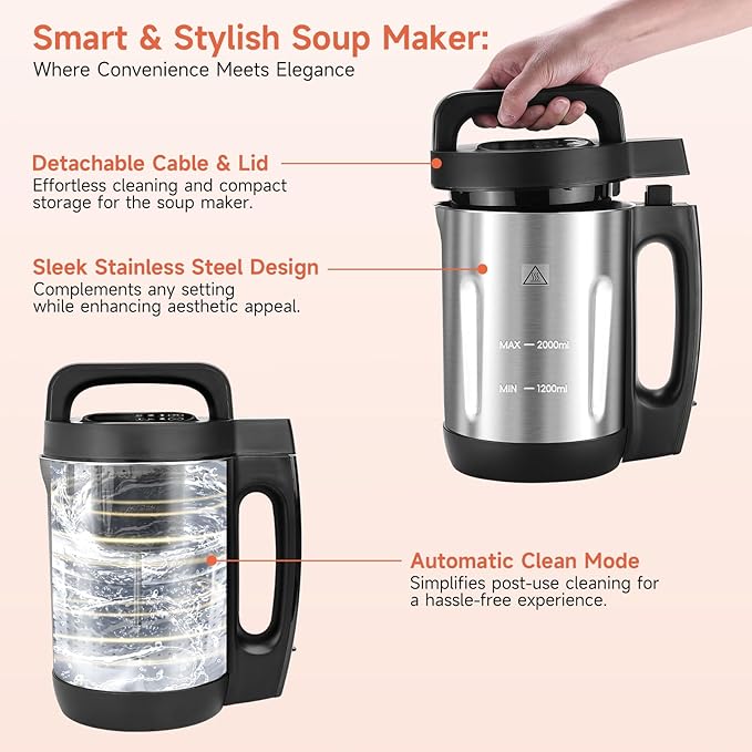 Homtone Soup Maker 2L, Makes 2-6 Servings, 6-in-1 Multifunctional Smooth and