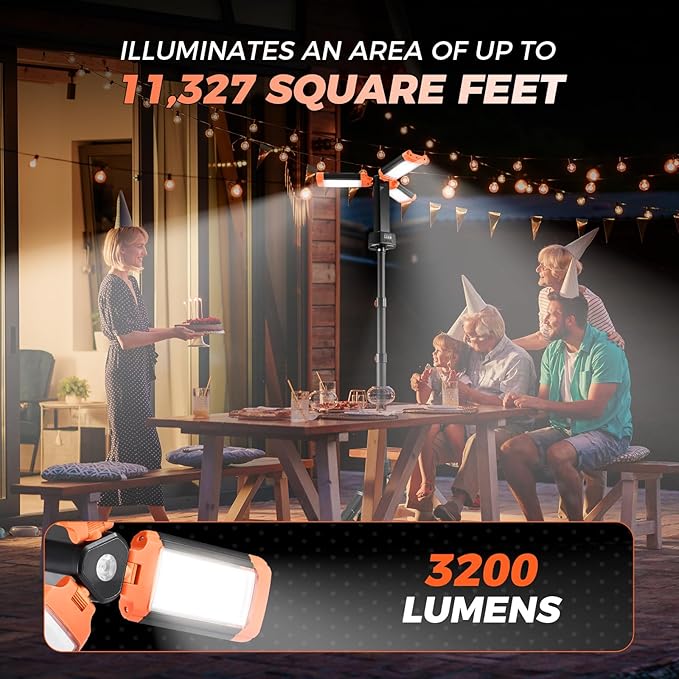 Portable Camping Light with Stand, 20000mAh Outdoor Work Light 800-3200 Lumen, 6.1ft Height with Detachable Tripod, 3300-6500K Dimmable LED, Camping Essentials Gear Emergency Flashlight