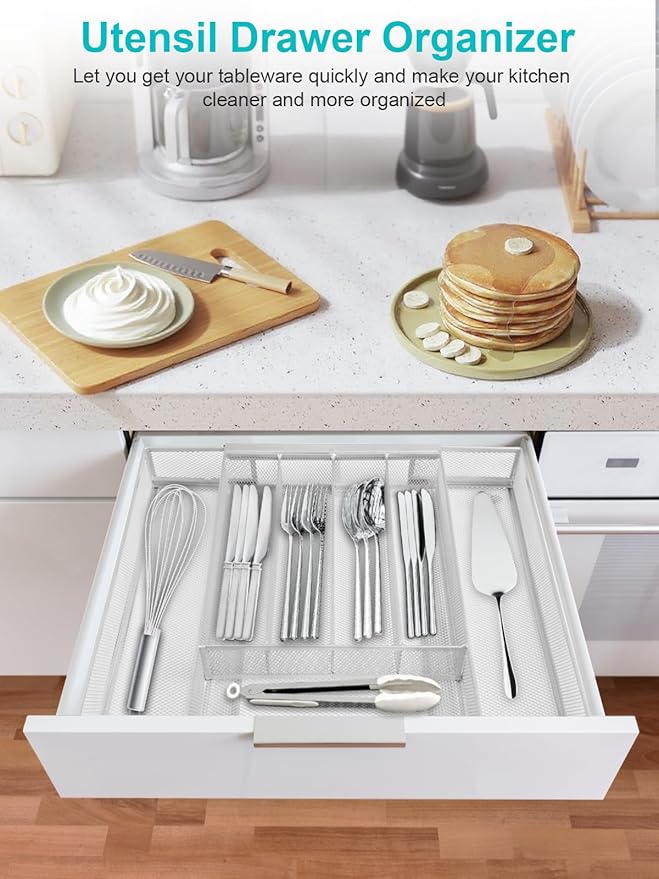 Silverware Organizer Metal Mesh, Drawer Organizer, Utensil Cutlery Tray for kitchen drawers,Expandable Flatware Organizer with 7 Compartment White 9.4"~17.3" x 13.7"
