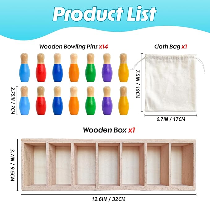 Color Matching Toy Set for Kids, Wooden Bowling Color Matching Game with 7 Bright Pins and Storage Bag, Matching Games for Kids Family Party Birthday Gift, Fun Party Game for Boys Girls