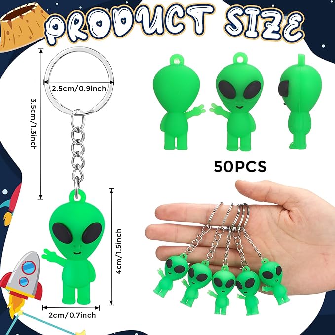 50 Pcs Alien Party Favors Alien Keychains Glow in The Dark Space Keychain Mini Aliens Figures Little Bulk Gift Prizes Goodie Bag Piñata Halloween Stuffers for Music Festival Easter (Green)
