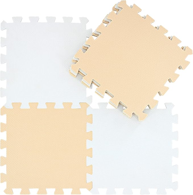 qqpp EVA Rubber 18 Tiles Interlocking Puzzle Foam Floor Mats - Baby Play Mat for Playing | Exercise Mat for Home Workout. White, Beige. QC-AJb18N