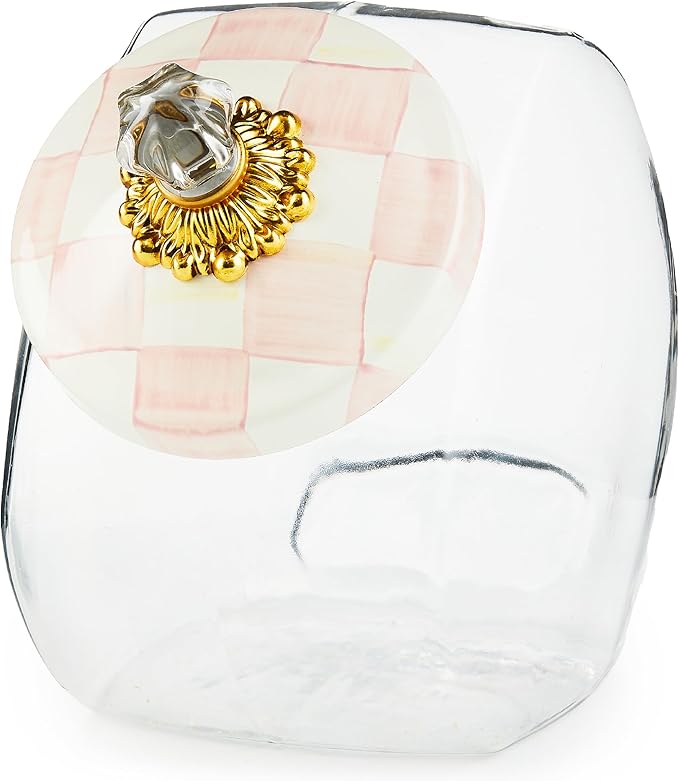 MACKENZIE-CHILDS Cookie Jar with Enamel Lid, Large Glass Treat Jar or Kitchen Jar, 1-Gallon Capacity, Pink-and-White Rosy Check