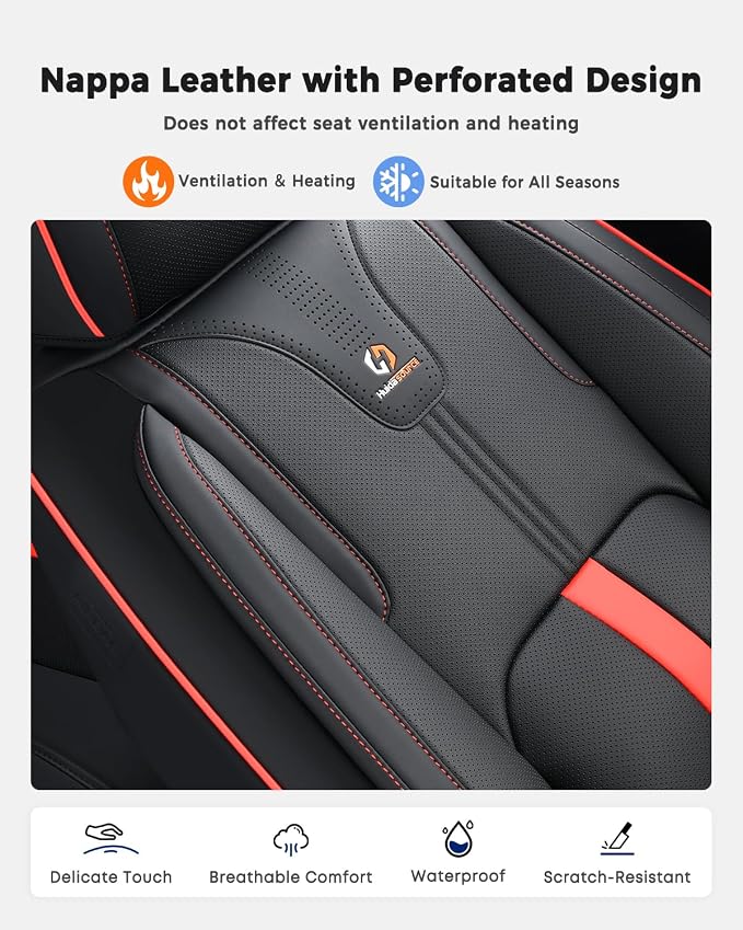 Huidasource Seat Covers Luxury Nappa Leather, Car Seat Cover with Velcro Adjustable, Airbag, Lumbar Support, Cooling and Heating, Seat Covers Full Set Universal Fit for Most Cars SUV Trucks, Black&Red