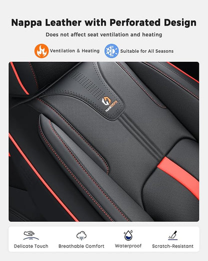 Huidasource Seat Covers Luxury Nappa Leather, Car Seat Cover with Velcro Adjustable, Airbag, Lumbar Support, Cooling and Heating, Seat Covers Full Set Universal Fit for Most Cars SUV Trucks, Black&Red