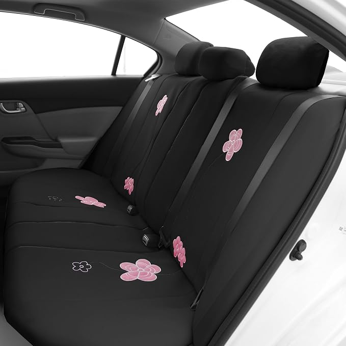 FH Group Floral Embroidery Car Seat Covers - Universal Fit, Split Bench Rear Seat, Washable Seat Cover for SUV, Sedan, Van, Rear Set, Black