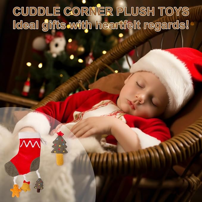 Organic Cotton Stuffed Animal Rattle Baby Toys, Plush Stocking Cuddle Cloth and Hand Grip Christmas Tree Ring Rattles Plush Toy Set for Newborns Infant Boys Girls, 2 PCS