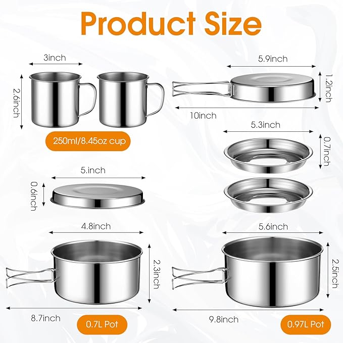 15 Pcs Camp Cooking Set Stainless Steel Camping Cookware Mess Kit with Pot Pan and Stove 2 Set Stainless Steel Cups Plates Forks Knives Spoons for Camping Backpacking Outdoor Cooking Picnic