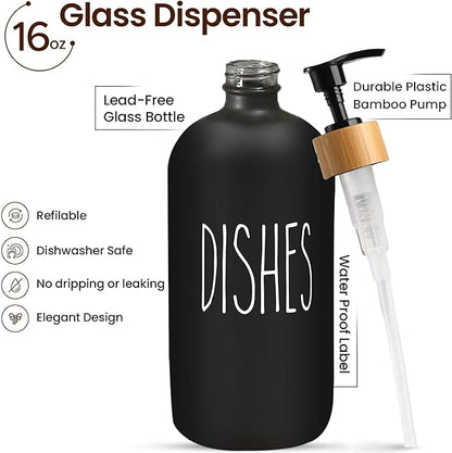 Sunrise Premium 16 OZ Thick Black Glass Soap Dispenser, Bamboo Pump