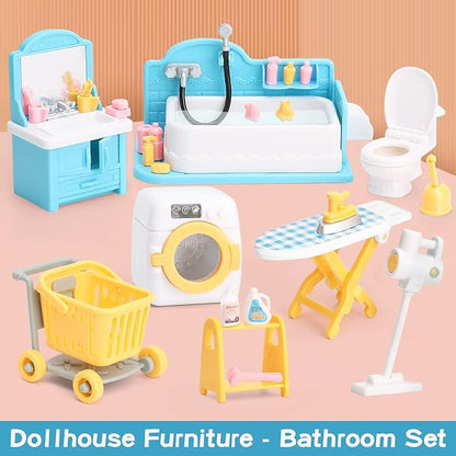 Dollhouse Furniture Set for Kids Toys Miniature Doll House Accessories Pretend Play Toys for Boys Girls & Toddlers Age 3+ with Bathroom