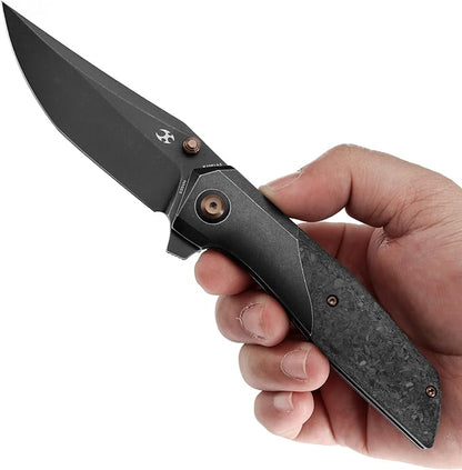 KANSEPT Deadite Pocket Folding Knives for Men Women Camping Hiking 3.52'' Blackwash CPM S35VN Blade EDC Knife with Blackwash Titanium with Shred Carbon Fiber Handle Everyday Carry K1081A5