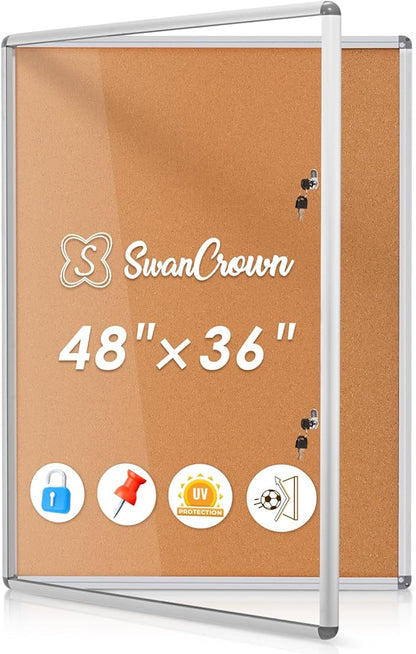 SWANCROWN Enclosed Bulletin Board 48x36 in, Tamperproof Lockable Cork Board
