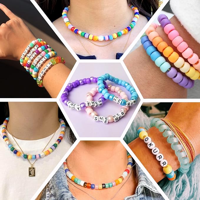 Quefe 3960pcs Pony Beads for Friendship Bracelet Making Kit 48 Colors Kandi Beads Set, 2400pcs Plastic Rainbow Bulk and 1560pcs Letter Beads with 20 Meter Elastic Threads for Craft Jewelry Necklace