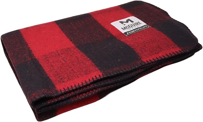 M MCGUIRE GEAR Warm Wool Bunkhouse Plaid Blanket for Camping, Home, Survival, or First-Aid, 64" x 90" (Red/Black)