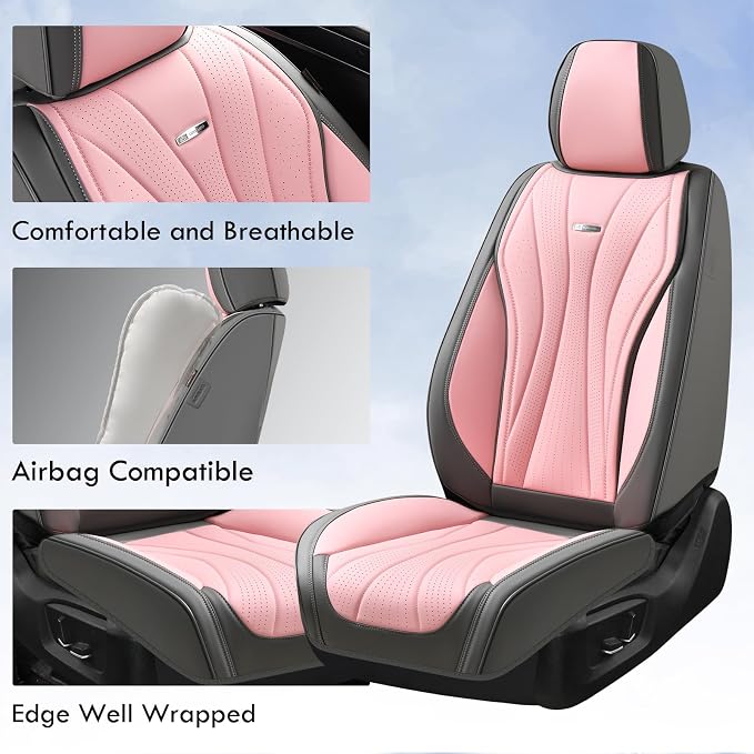 Coverado Seat Covers Full Set, Leather Car Seat Covers, Waterproof Seat Covers for Cars, Front and Back Seat Covers, Car Seat Protectors Car Seat Cushions Universal Fit for Most Cars, Gray&Pink