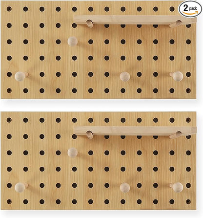 Beige Wood Pegboard Modular Display Wooden Pegboard Combination Wall Organizer Storage Wall Hooks Shelf for Home, Office, Bathroom, Comes with 2 Pieces Pegboards