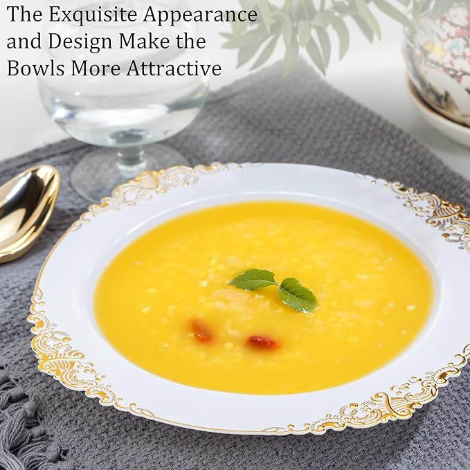 Nervure 50 Pack White Plastic Bowls with Gold Rim - 12oz Disposable Soup Bowls - Heavy Duty Dessert Bowl, Salad Bowl Perfect for Weddings, Parties, Thanksgiving and Everyday Use