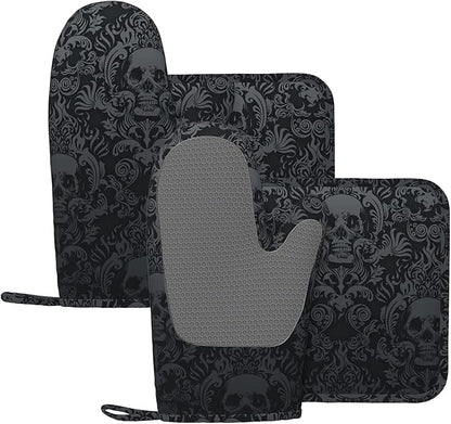 Gothic Skull Oven Mitts and Pot Holders Sets of 4, Resistant Hot Pads
