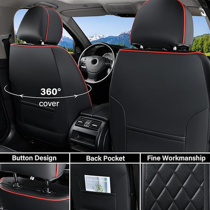 Coverado Seat Covers, Car Seat Cover Front Seats, 2-Pack Luxury Faux Leather Car Seat Covers, Waterproof Car Seat Protector, Black Seat Cover Front Seat Cover Universal Fit for Most Cars, Black&Red
