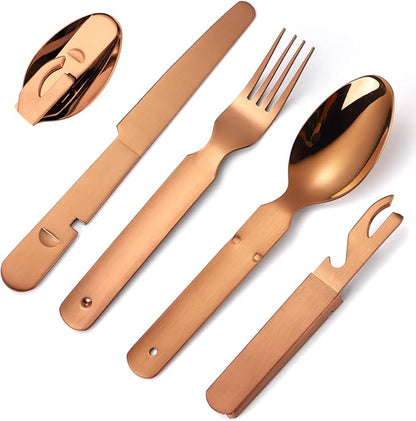 Camping Silverware Copper/Rose Gold Flatware Stainless Steel Eating Utensils Set Travel Portable Knife Fork Spoon Bottle Opener 4 Pieces Multi-functional Durable