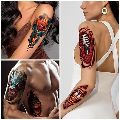 77 Sheets 3D Realistic Temporary Tattoos Adults Kids, Spider Skull Tiger Lion Dragon Snake Temporary Tattoos for Women Men, Half Arm 3D Halloween Temp Tattoos Body Shoulder Tatoos Waterproof